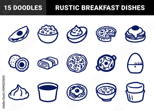 Hand-drawn egg breakfast and brunch elements for organic cafe branding. Rustic naive marker sketch illustrations featuring various egg dishes.