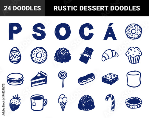 Easter holiday sweets and desserts in a naive hand-drawn doodle style. Rustic marker sketch illustrations of chocolate, cake, and festive treats.