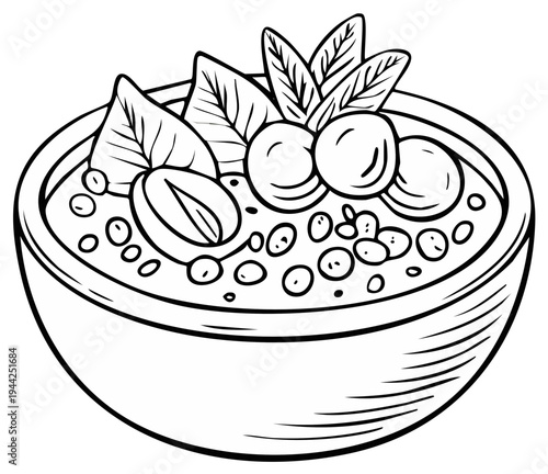 Hand-drawn illustration of a healthy breakfast bowl with berries and leaves