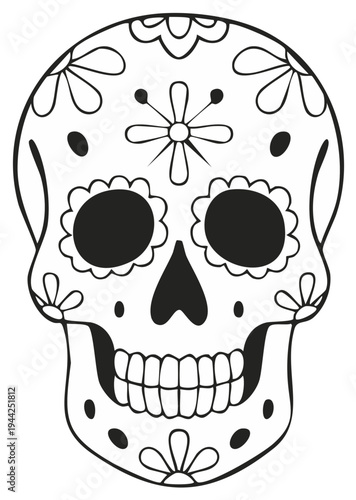 Stylized black and white sugar skull with floral patterns for Day of the Dead celebration