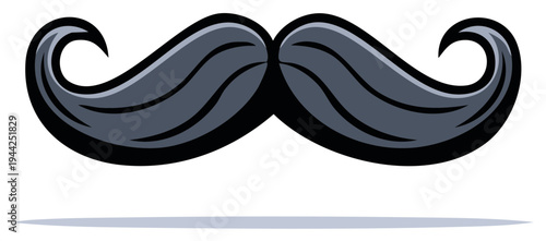 Curled handlebar mustache style with sleek dark hair and a stylized cartoon look