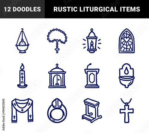 Hand-drawn Catholic liturgical elements for religious branding. Rustic naive marker sketch illustrations of church sanctuary and prayer items.