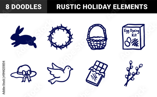 Easter holiday and religious spring elements for seasonal branding. Rustic naive marker sketch illustrations featuring festive and spiritual symbols.