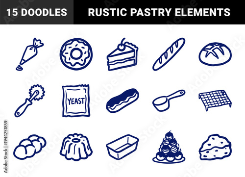 Hand-drawn bakery and pastry elements for artisanal branding. Rustic, naive marker sketch illustrations featuring bread, cakes, and baking tools.