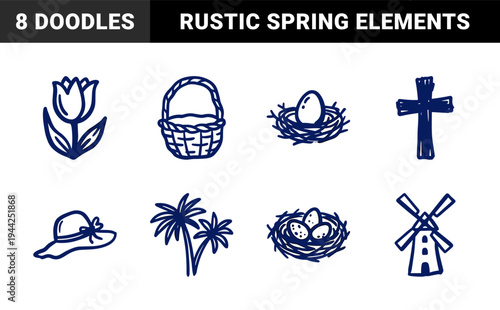 Hand-drawn Easter and spring season elements for organic holiday branding. Rustic naive marker sketch illustrations featuring festive religious and nature symbols.