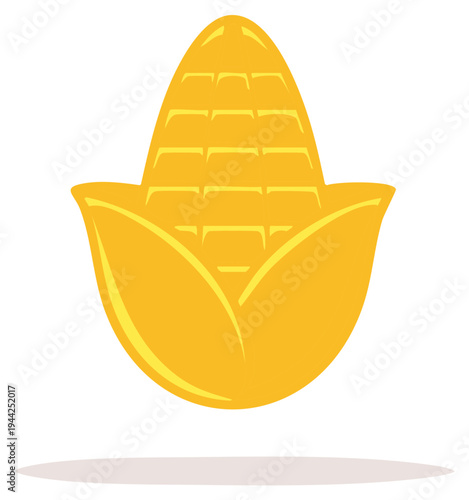 Cartoon illustration of a corn cob with leaves, yellow color