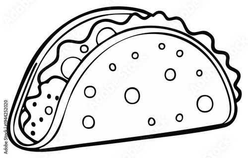 Monochrome line drawing of a traditional taco filled with fresh ingredients, isolated for restaurant menus, food blogs, or educational resources.