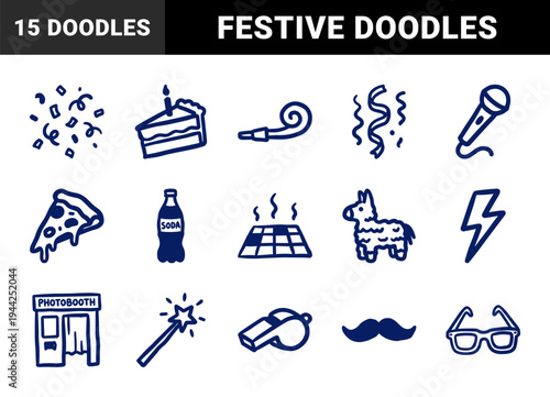 Hand-drawn party and celebration elements for festive brand identity. Naive marker sketch illustrations featuring birthday cake, pizza, and event props.