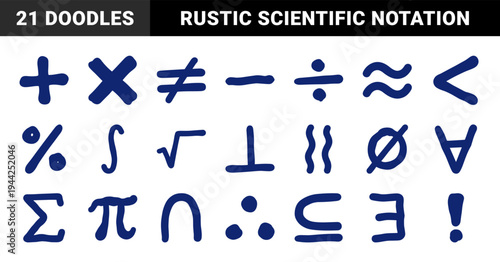 Hand-drawn blue mathematical symbols and scientific notation for education. Rustic naive marker sketch featuring arithmetic and calculus signs.