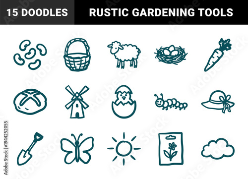 Rustic hand-drawn spring farming and gardening elements for organic branding. Naive marker sketch illustrations of agriculture and nature.