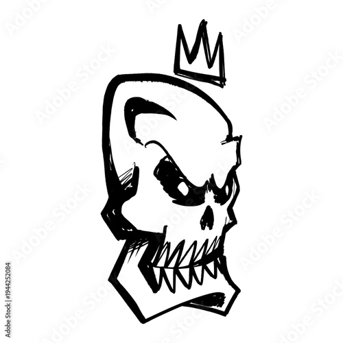 Side Profile Skull with Crown Illustration in Hand Drawn Black Line Art for Edgy Underground Branding.