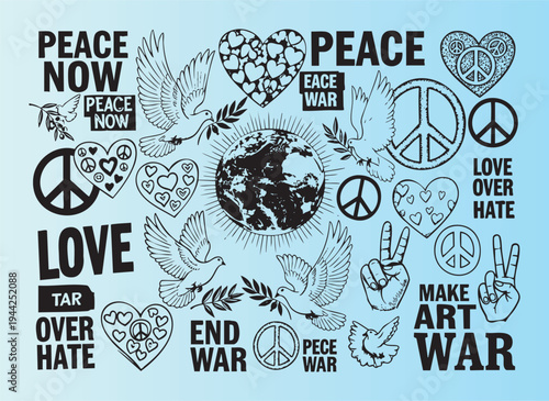 Handdrawn peace and love symbols with global harmony theme illustration