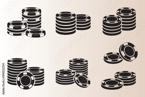 Stacked poker chips in various groupings isolated illustration