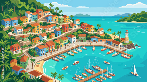 Vector illustration depicting a vibrant coastal village overlooking a harbor filled with boats, with a lighthouse on the edge of the island, conveying a sense of tropical paradise and vacation.