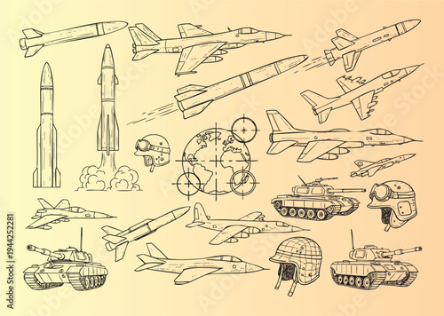 Vintage military illustration with jets tanks and missiles collection