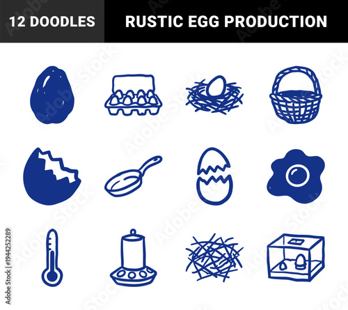 Hand-drawn poultry farming and egg production elements for rustic brand identity. Naive marker sketch illustrations featuring chicken coop concepts.