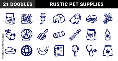 Hand-drawn rabbit care and small pet supplies for veterinary branding. Rustic, naive marker sketch illustrations of bunny habitat and health accessories.