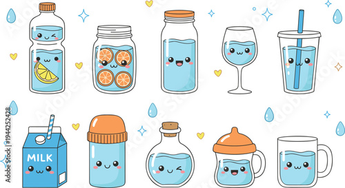 Kawaii water and beverage container vector collection featuring cute smiling characters on bottles jars glasses and cartons for hydration and health.