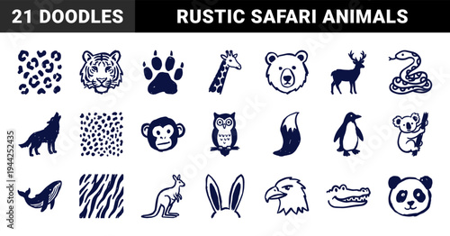 Hand-drawn wildlife and safari animal illustrations for organic brand identity. Rustic, naive marker sketch doodles featuring zoo and nature concepts.