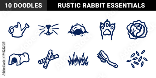 Rabbit care and small pet habitat elements for organic brand identity. Rustic, naive marker sketch illustrations featuring bunny life concepts.