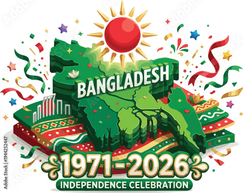 Vibrant illustration of Bangladesh's Independence Celebration from 1971 to 2026 with festive decorations and a map of the country in green tones on a white background.