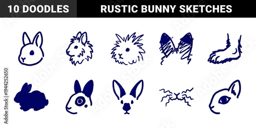 Hand-drawn rabbit and bunny doodles for organic brand identity. Rustic, naive marker sketch illustrations featuring cute woodland animal concepts.