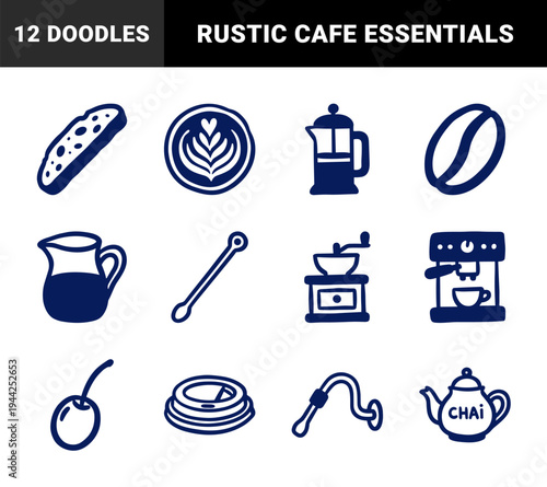 Hand-drawn coffee and cafe culture elements for rustic brand identity. Naive marker sketch illustrations featuring barista tools and bakery treats.