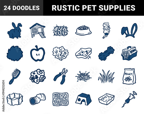 Rabbit care and pet ownership essentials for organic branding. Rustic naive marker sketch illustrations featuring bunny supply concepts.