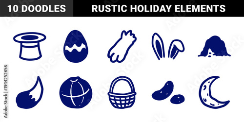 Hand-drawn Easter and magic performance elements for playful brand identity. Naive marker sketch illustrations featuring bunny ears, eggs, and magician hat.