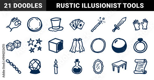 Hand-drawn magic and illusionist elements in a naive marker sketch style. Rustic, crude doodle illustrations featuring wizard props and stage performance mystery.