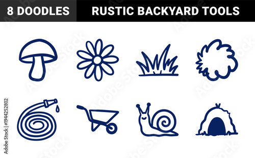 Rustic hand-drawn garden and backyard nature elements for organic brand identity. Naive marker sketch illustrations featuring horticulture and spring growth.