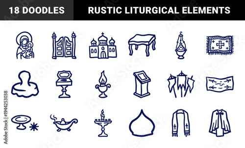 Orthodox Christian liturgical elements and church artifacts in a naive doodle style. Rustic hand-drawn marker sketches featuring religious icons and cathedral architecture.