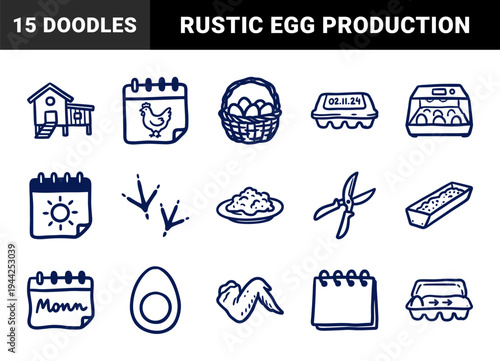 Hand-drawn poultry farming and egg production elements for organic branding. Rustic, naive marker sketch illustrations of chicken coop and hatchery concepts.