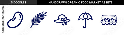 Hand-drawn rustic farm and grocery elements for organic branding. Naive marker sketch illustrations featuring eggs, grain, hat, and umbrella symbols.