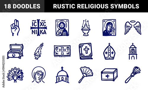 Orthodox Christian religious elements for spiritual brand identity. Rustic, naive marker sketch doodles featuring church and ritual concepts.