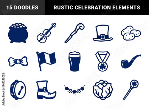 Traditional Irish cultural elements for Saint Patrick's Day branding. Rustic hand-drawn navy blue doodle illustrations featuring festive folklore items.