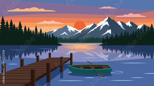 A tranquil illustration of a lake at sunset featuring snow-capped mountains, a wooden dock, and a small boat in calm water, evoking peace and natural beauty.