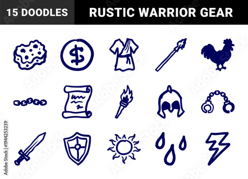 Ancient Greek and Roman historical elements in a naive doodle style. Rustic hand-drawn warrior equipment and mythological symbols for storytelling.