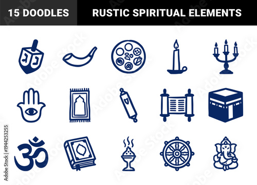 Hand-drawn religious and spiritual symbols in a naive marker sketch style. Rustic blue doodle elements for cultural education and diverse faith branding.