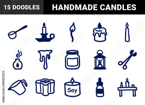 Hand-drawn candle making and aromatherapy elements for organic branding. Rustic naive marker sketch illustrations featuring wax melting concepts.