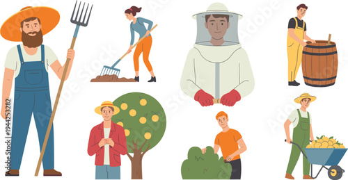 Cartoon farming illustration featuring diverse agricultural workers with pitchfork, rake, beekeeping suit, barrel, fruit tree, bush trimming, and wheelbarrow