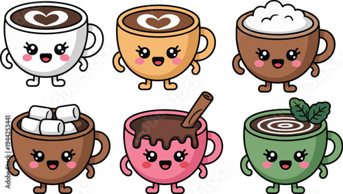 Cartoon cute coffee cups with smiling faces, hot chocolate, tea, latte art, whipped cream, marshmallows, cinnamon stick, mint leaves, kawaii beverage illustration