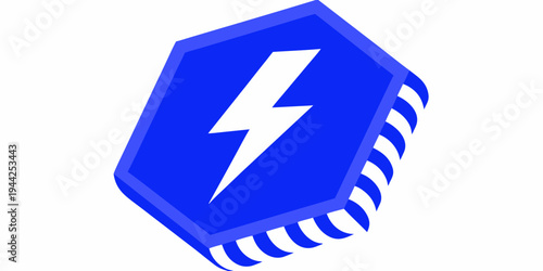 A blue hexagonal microchip icon with a white lightning bolt on a plain white background