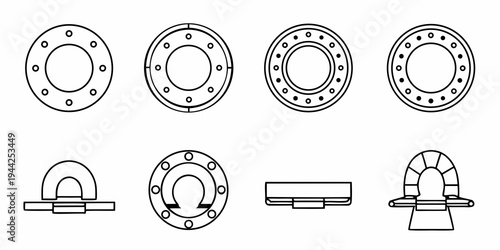 A set of industrial bearing illustrations in a minimalist line art style