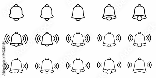 A set of minimalist bell icons in various states of notification