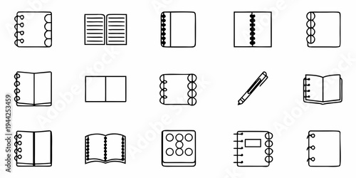 A collection of minimalist notebook and journal icons in a flat line art style