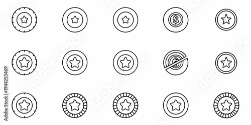 A set of black and white star rating icons in various circular designs