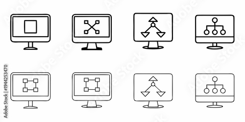 A set of computer monitors displaying various flowchart and diagram icons in a minimal line art style