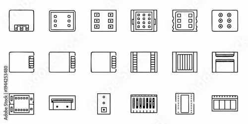 A set of various electronic circuit board icons in a flat, minimalist line art style