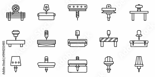 A set of black and white line art icons depicting various workshop tools and machinery